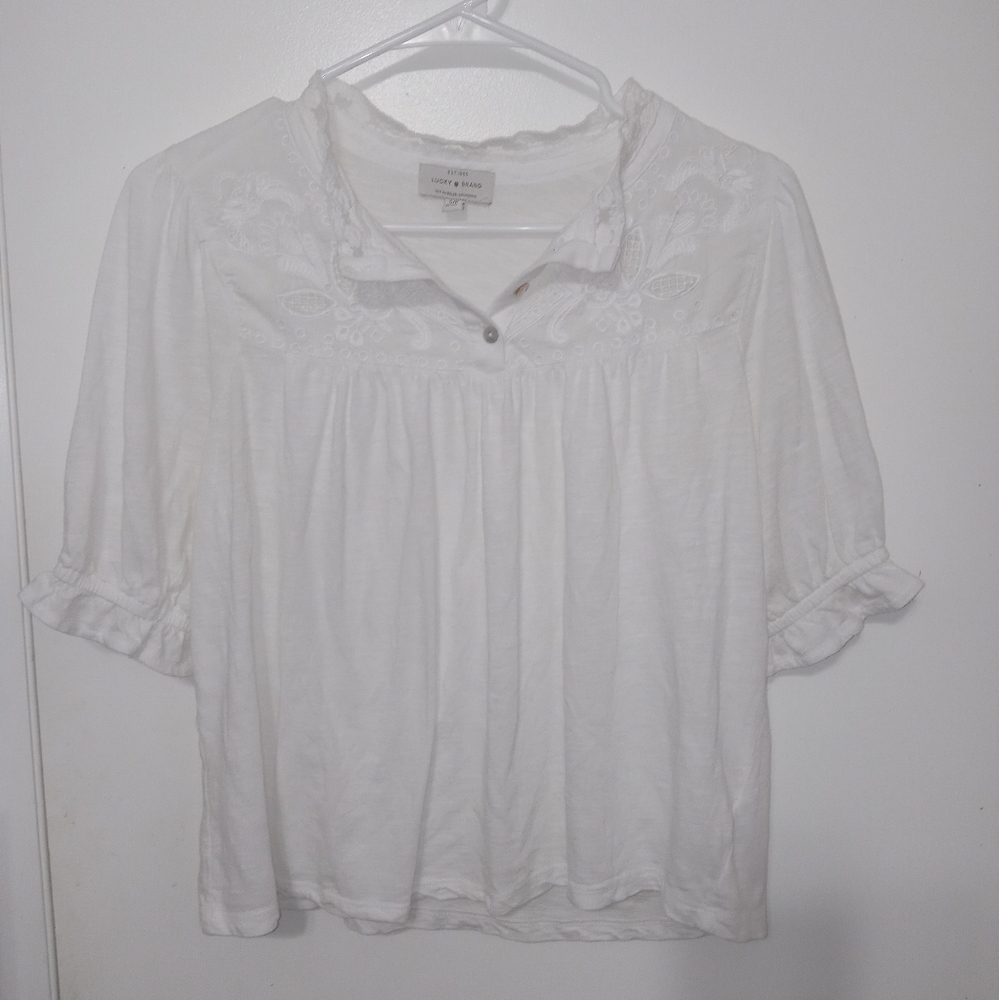 Lucky Brand short Ruffles sleeve Embroidered Lace Camisole  Blouse Small